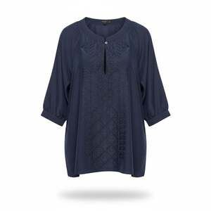 Theory Reiba 100% Silk Navy Blue Embroidered 3/4 Sleeve Tunic Blouse Medium